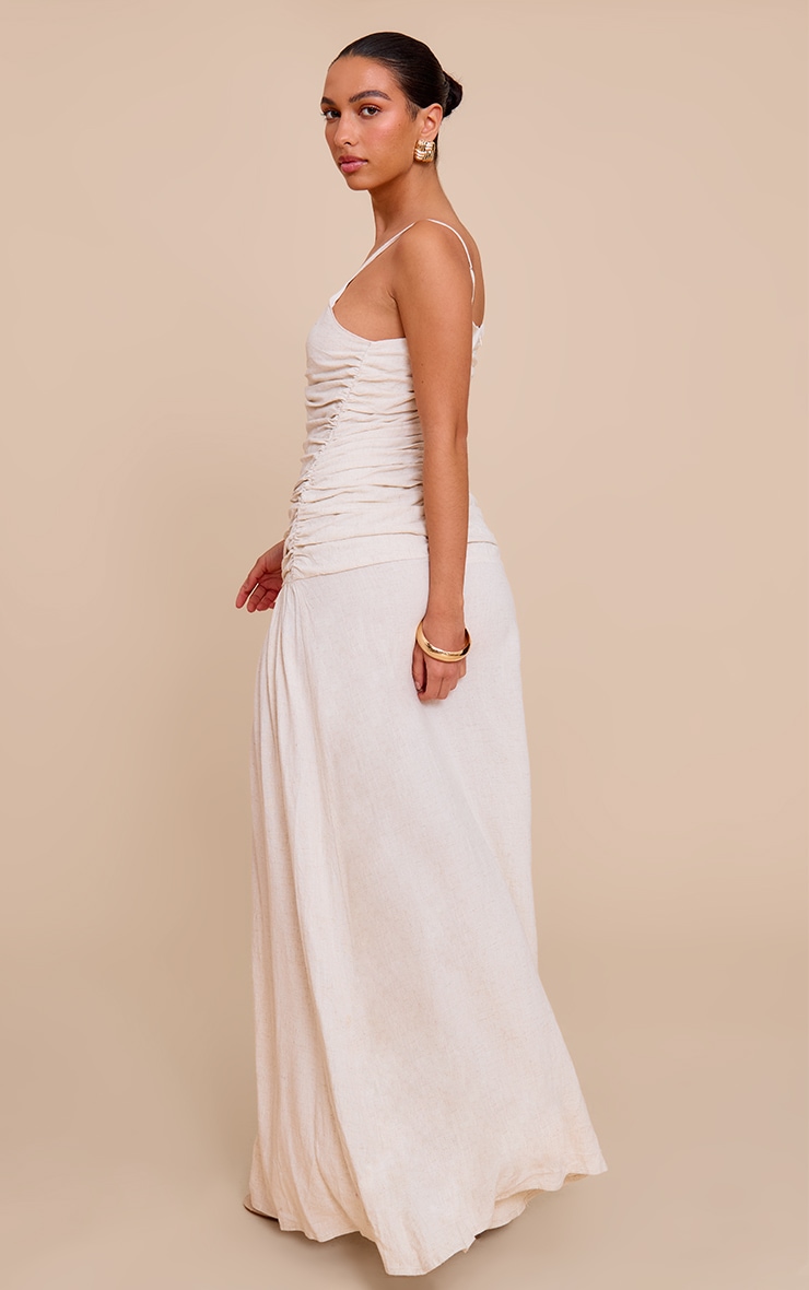 Natural Textured Linen Look Woven Ruched Detail Dropped Hem Maxi Dress image 2