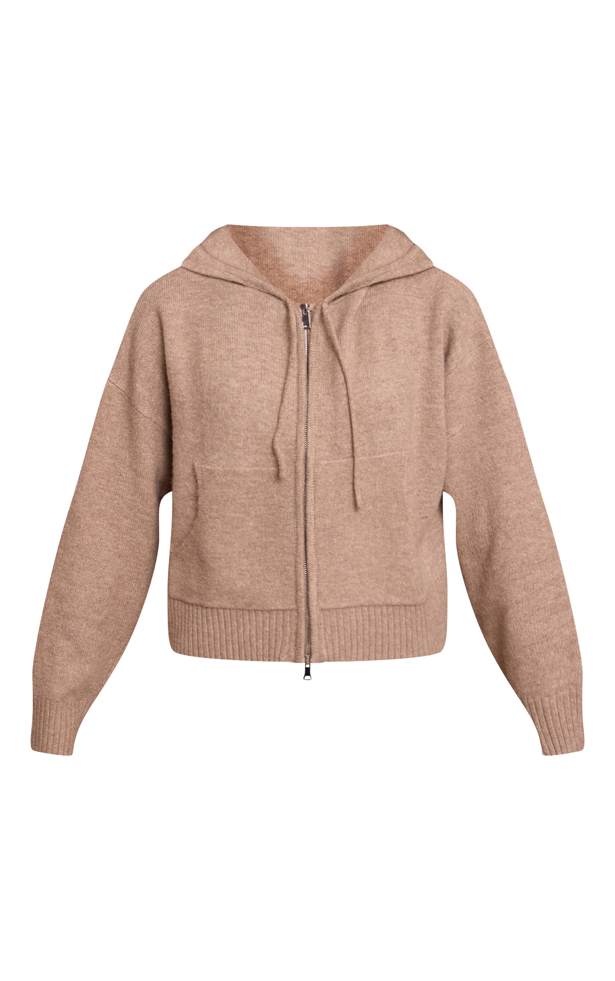 Taupe Zip Through Knitted Hoodie image 5