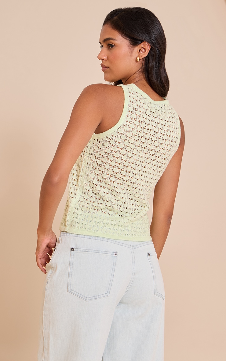 Lime Crochet Knit Cut Out Pearled Button Vest Top image 2