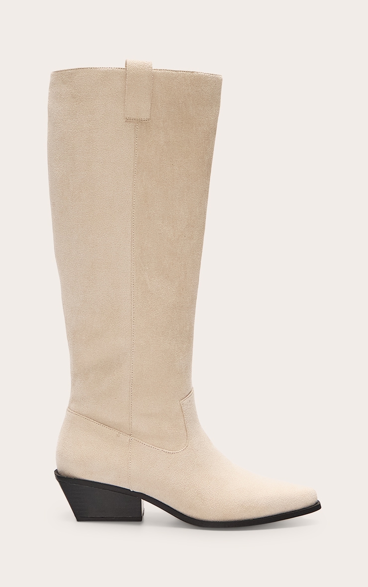 Cream Faux Suede Point Toe Western Knee High Boots image 1