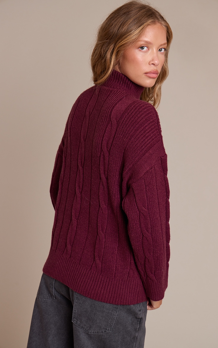 Burgundy Zip Detail Cable Knit Oversized Sweater image 2