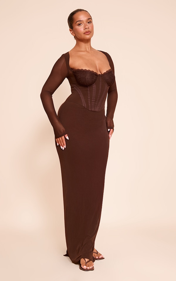 Shape chocolate Mesh Lace Insert Corseted Maxi Dress