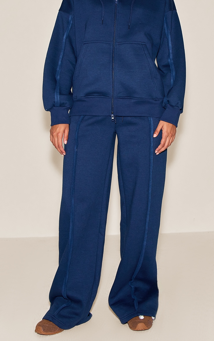 Navy Oversized Wide Leg Seam Detail Track Pants image 2