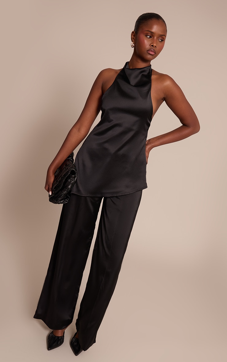 Black Satin High Neck Scoop Back Drape Top image 3