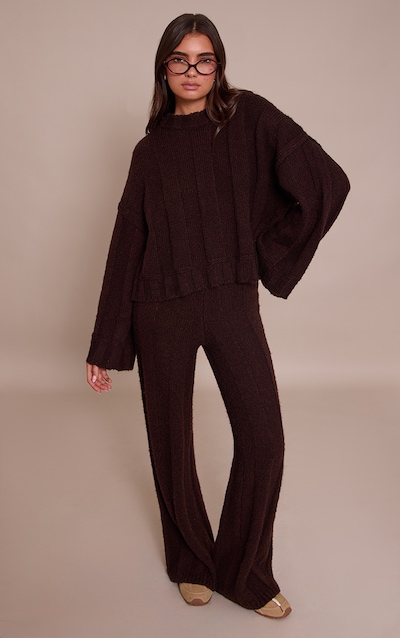 Pantalon en maille tricot épaisse côtelée chocolat foncé