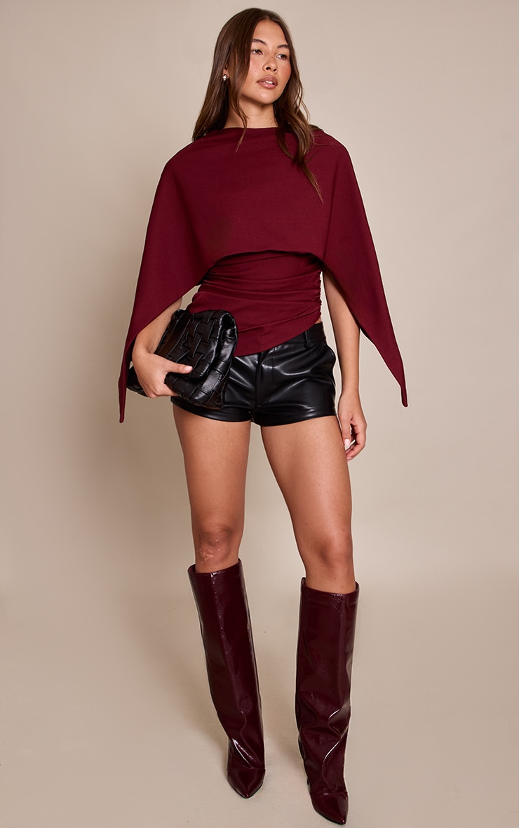 Plum Woven Cape Detail Ruched Long Top image 3