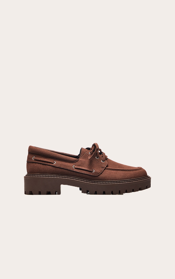 Chocolate Faux Suede Platform Boat Loafers image 2