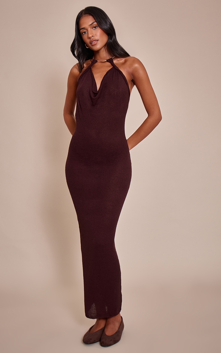 Tall Chocolate Gold Cuff Detail Knitted Maxi Dress