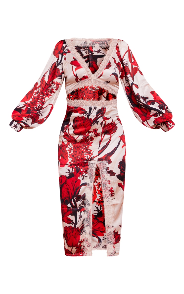 Nude Floral Print Lace Trim Cut Out Long Sleeve Satin Midi Dress image 5