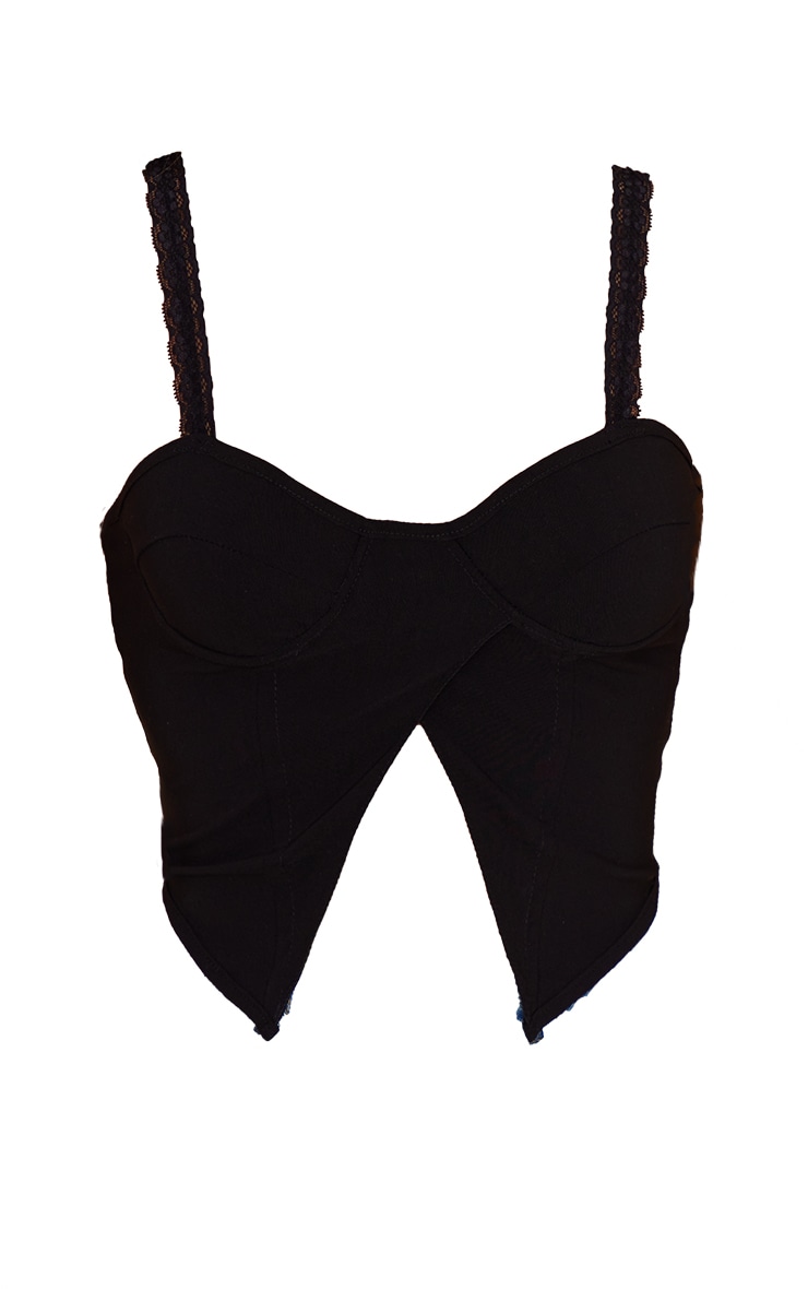 Black Stretch Woven Split Hem Lace Strap Top | Tops