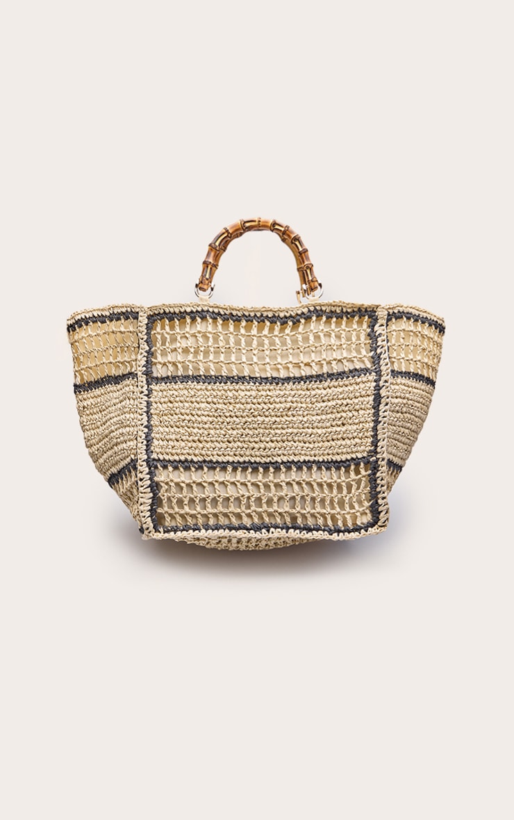 Natural Raffia Stripe Bamboo Handle Beach Bag image 2