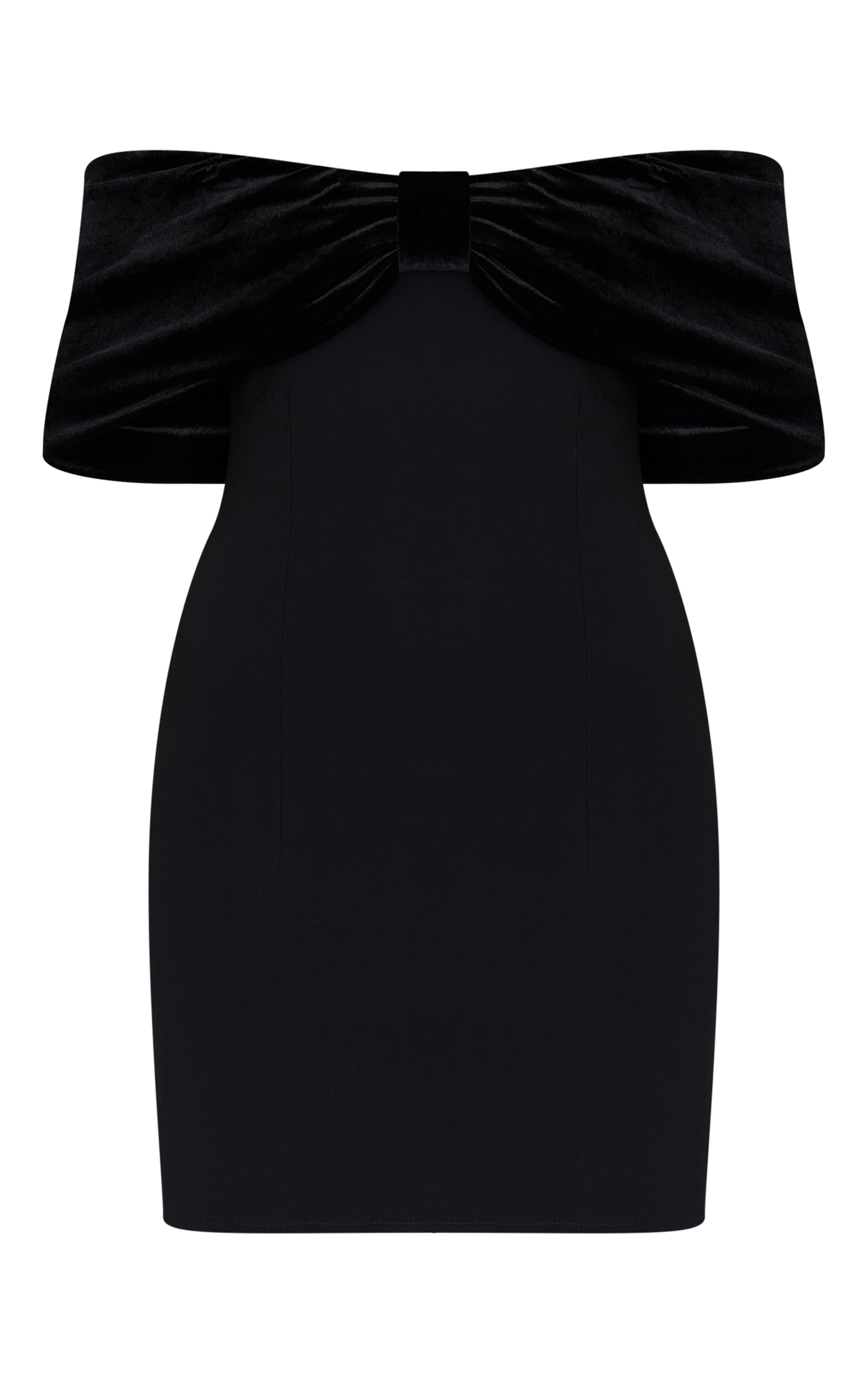 Black Stretch Woven Velvet Bow Bardot Mini Dress image 5