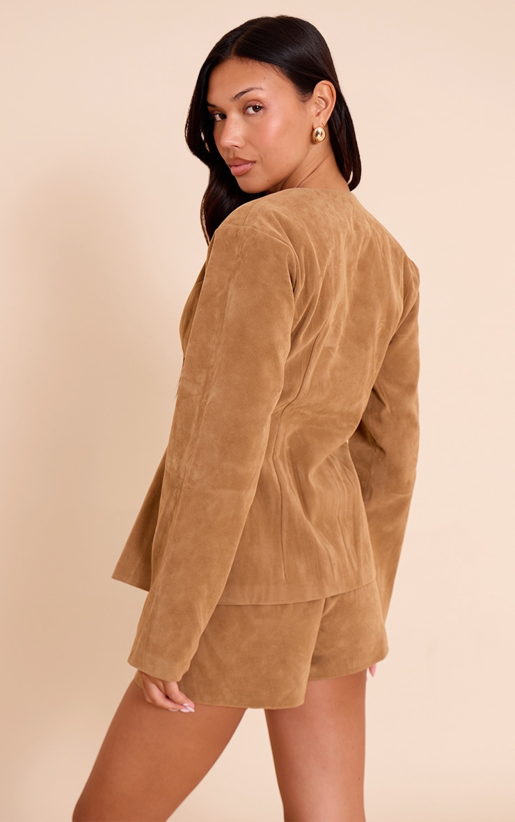 Tan Structured Faux Suede Cinched Waist Blazer image 2