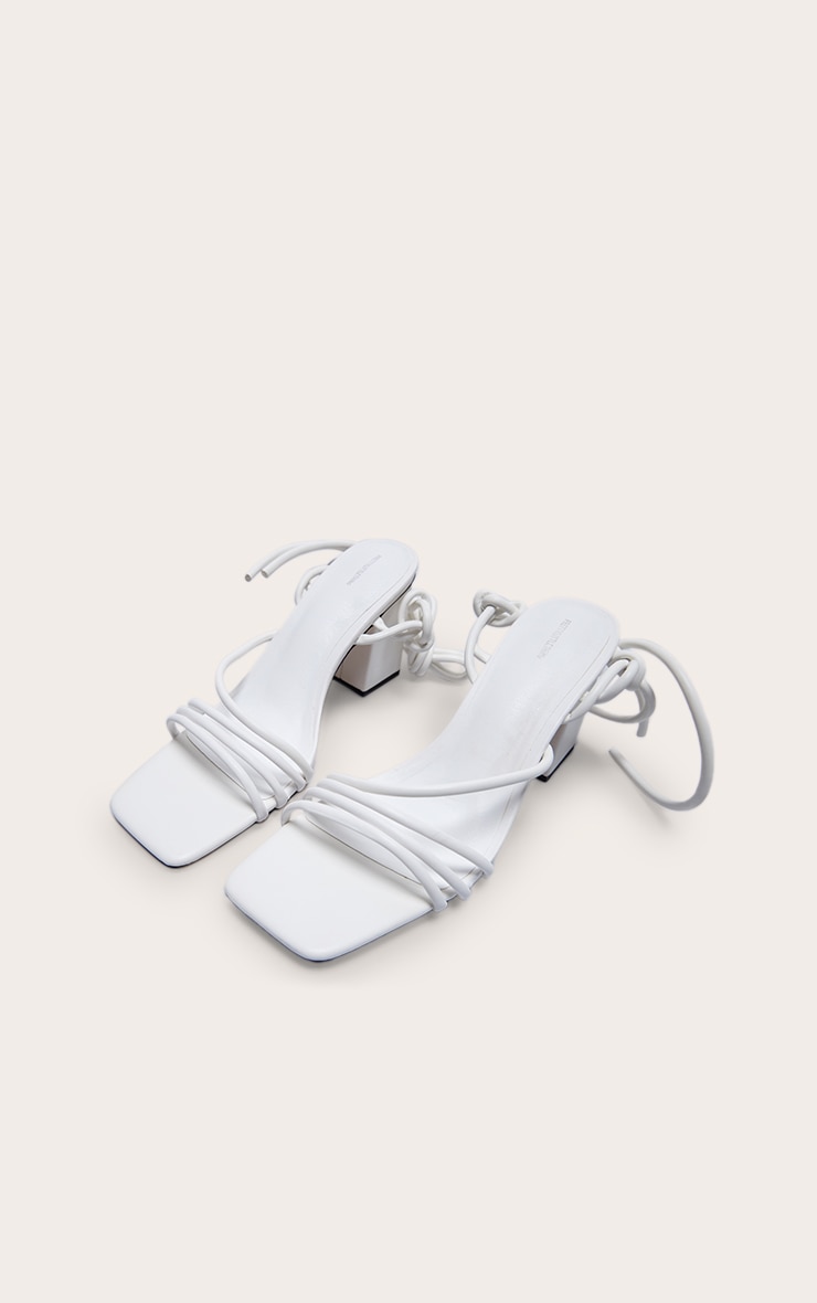 White Pu Square Toe Strappy Low Block Heeled Sandals image 4