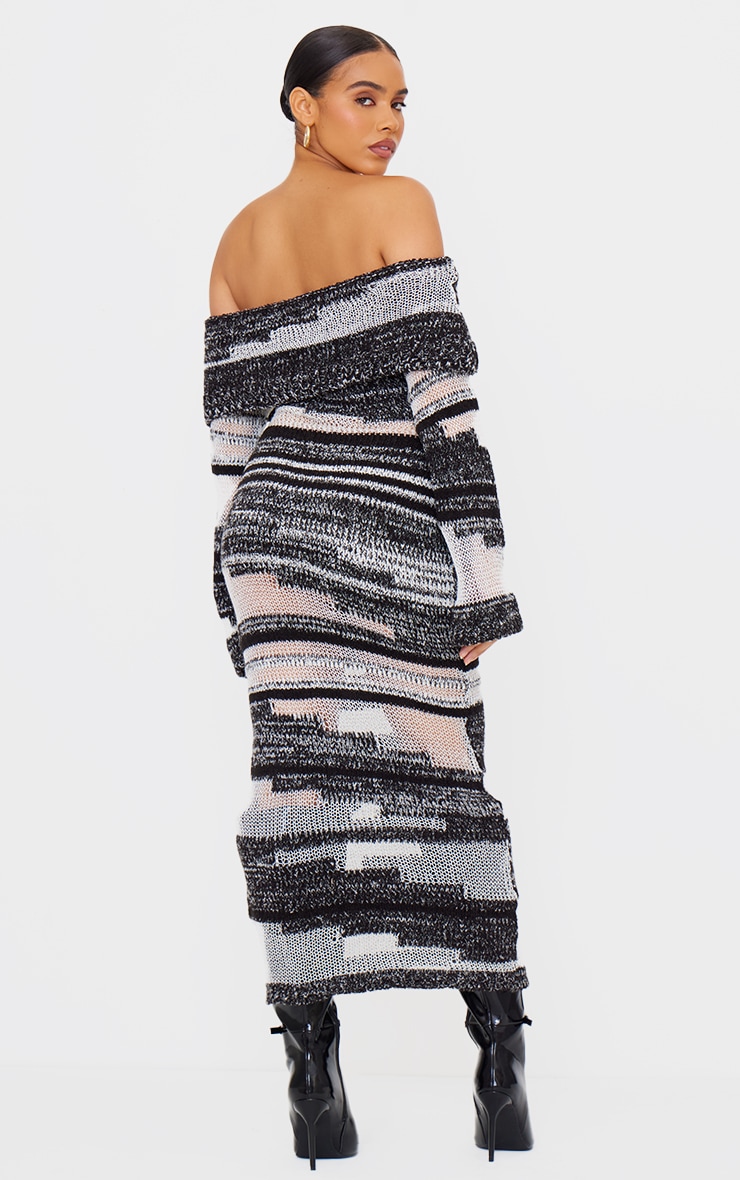 Monochrome Contrast Textured Knit Foldover Bardot Maxi Dress image 2