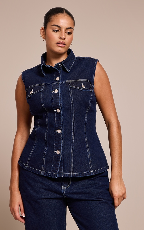 Plus Indigo Cinched Sleeveless Denim Shirt