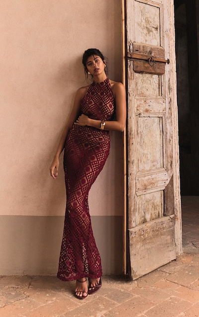 PLT Label Dark Red Crochet High Neck Open Back Maxi Dress