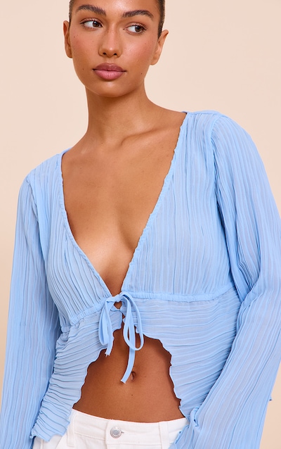 Sky Blue Sheer Plisse Tie Front Flute Sleeve Blouse