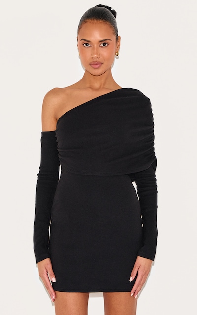 Robe moulante asymétrique côtelée noire à col bardot et manches longues