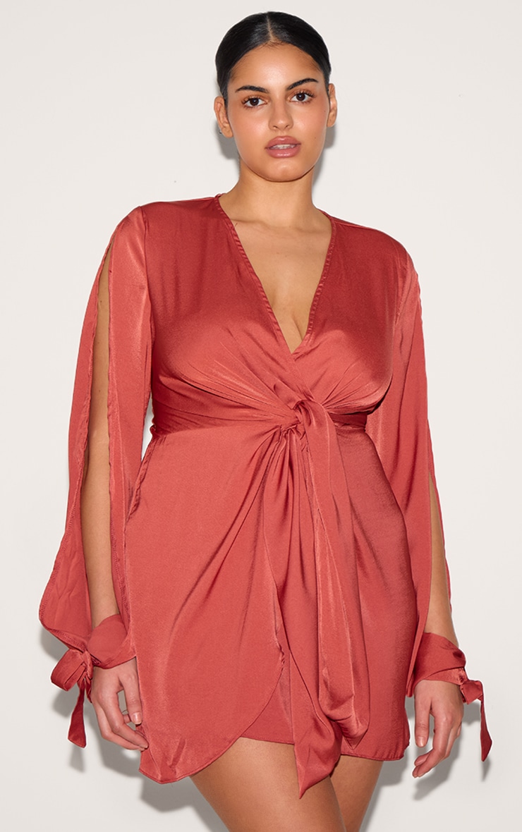 Plus Rust Plunge Neck Satin Twist Front Open Sleeve Wrap Dress image 1