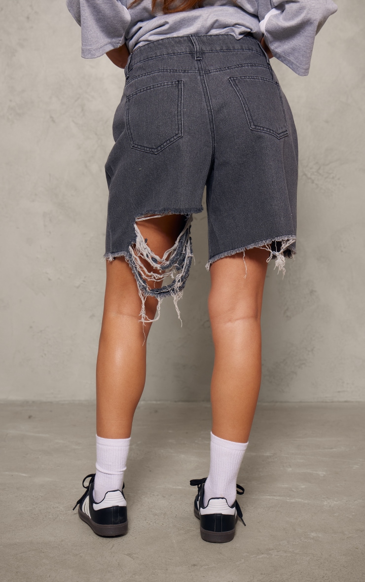 Washed Grey Distressed Longline Boyfriend Shorts PrettyLittleThing