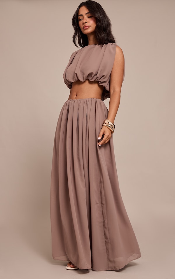 Petite Taupe Chiffon Bubble Maxi Skirt