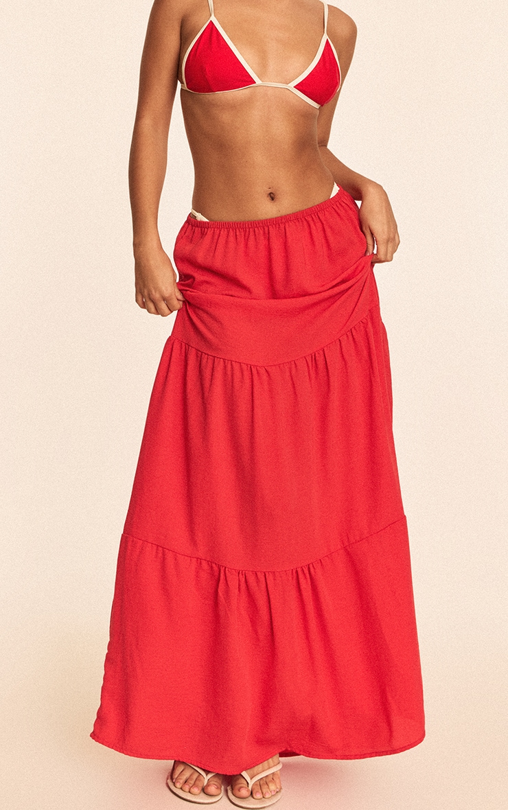 Red Linen Look Tiered Maxi Beach Skirt image 2