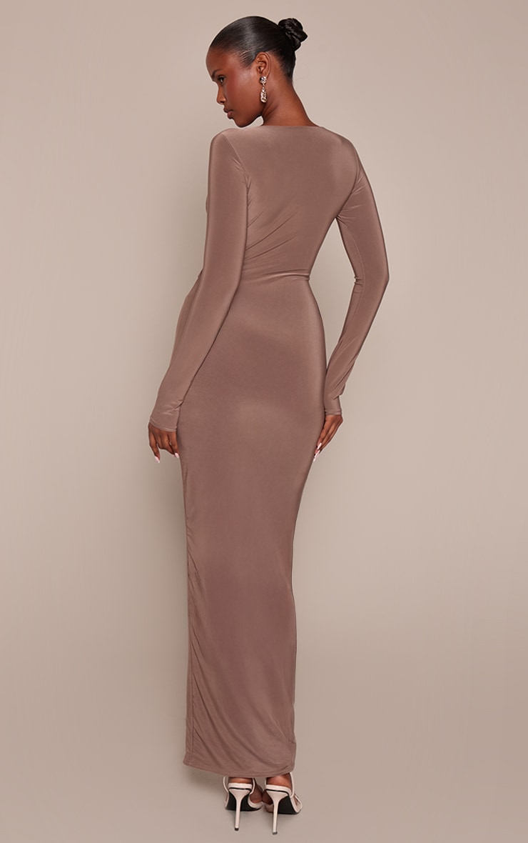 Taupe Double Layer Slinky Long Sleeve Trim Detail Cut Out Maxi Dress image 2