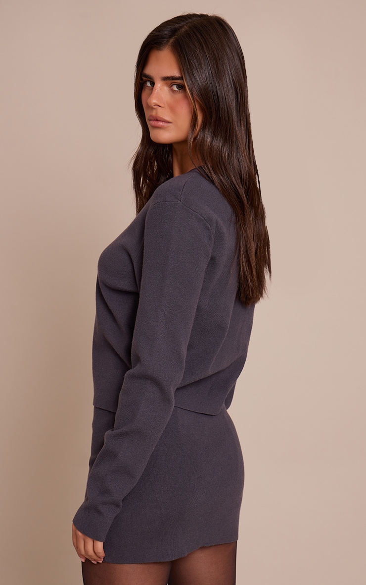 Charcoal Compact Knit Collarless Cardigan image 2