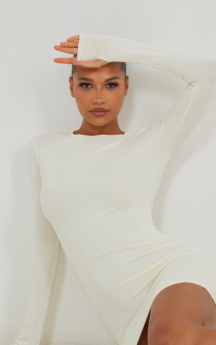 Beige Matte Sculpt Long Sleeve Thumbhole Bodycon Dress image 4