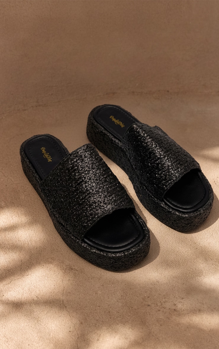 Black Raffia Flatform Mule Sandals