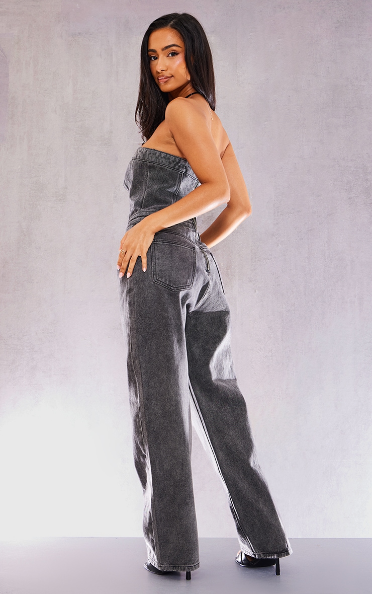 Petite Washed Grey Bandeau Denim Jumpsuit image 2