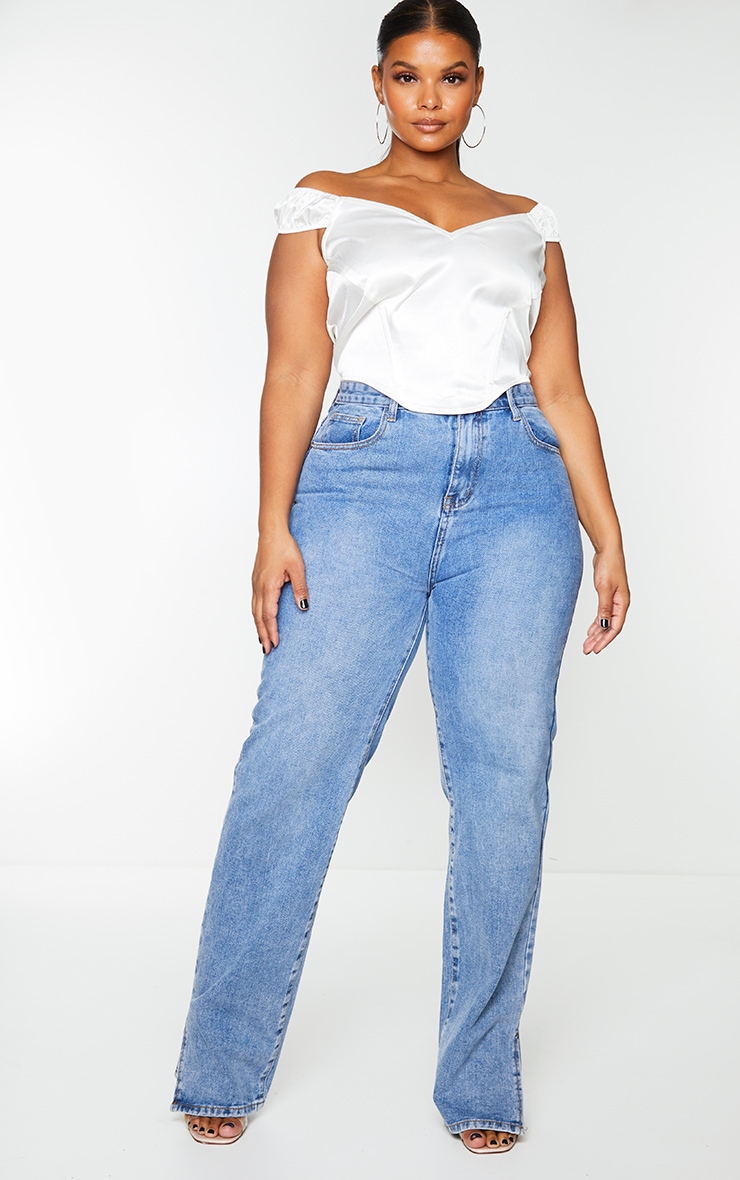 Plus White Satin Bardot V Neck Corset