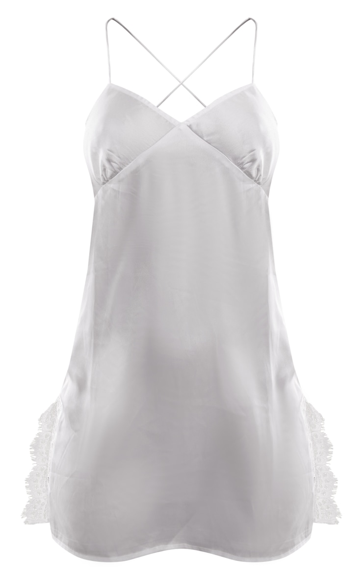 White Satin Lace Trim Double Split Night Dress image 5