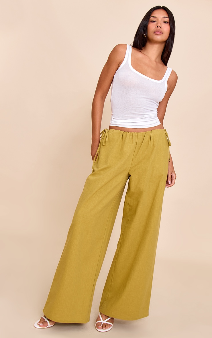 Olive Premium Linen Side Tie Detail Wide Leg Pants image 1