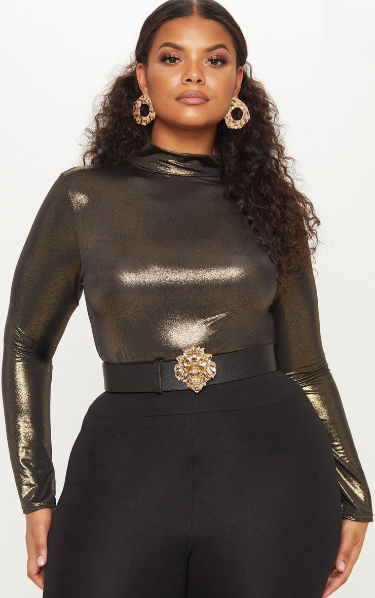 Plus Gold Metallic High Neck Bodysuit PrettyLittleThing