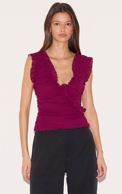 Haut sans Manches Prune en Mousseline de Soie à Volants Froncés