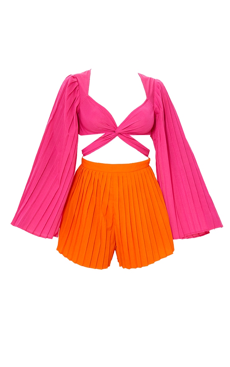 Hot Pink Contrast Twist Front Pleated Romper image 5