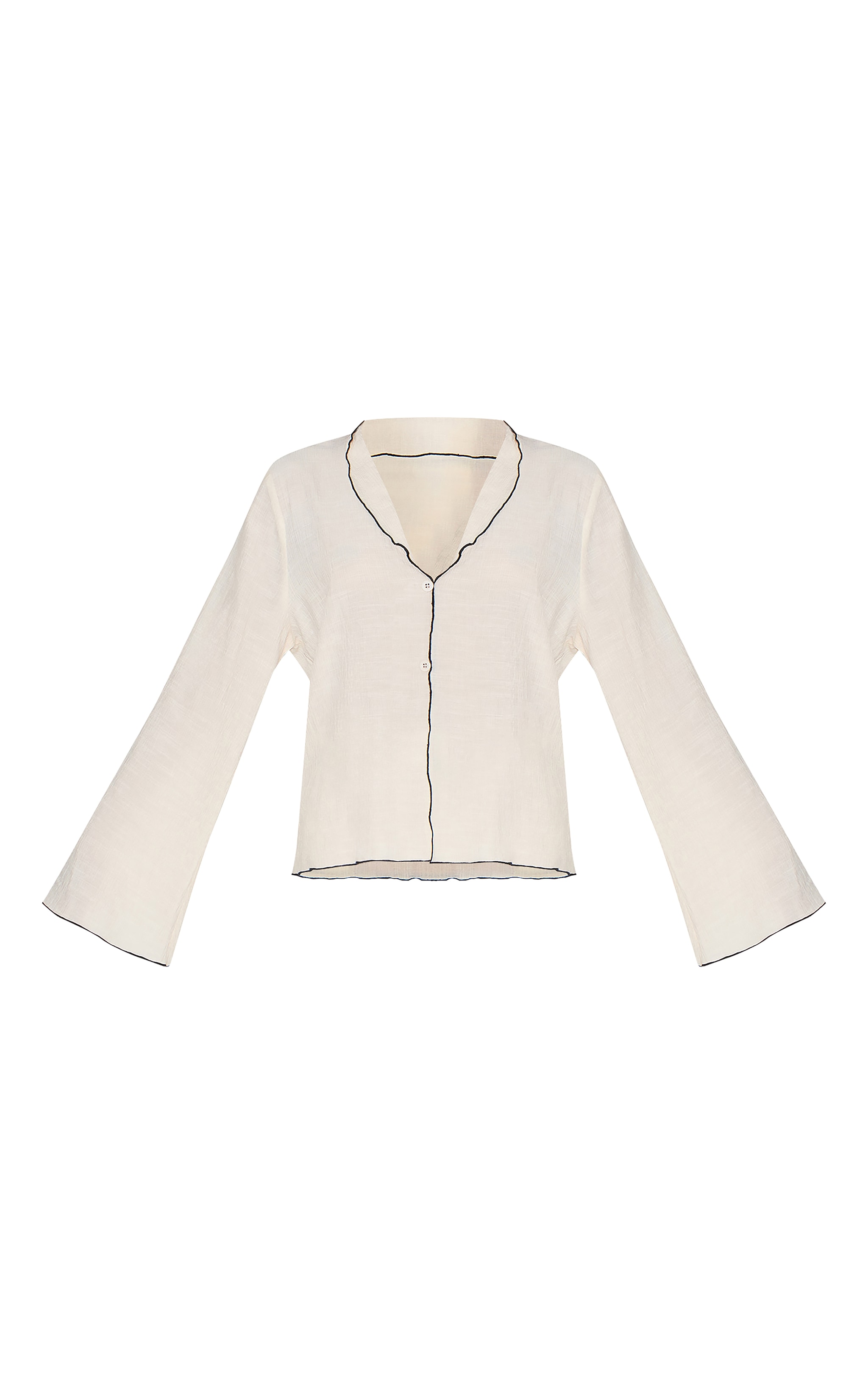 Sand Linen Look Textured Contrast Trim Oversized Shirt image 5