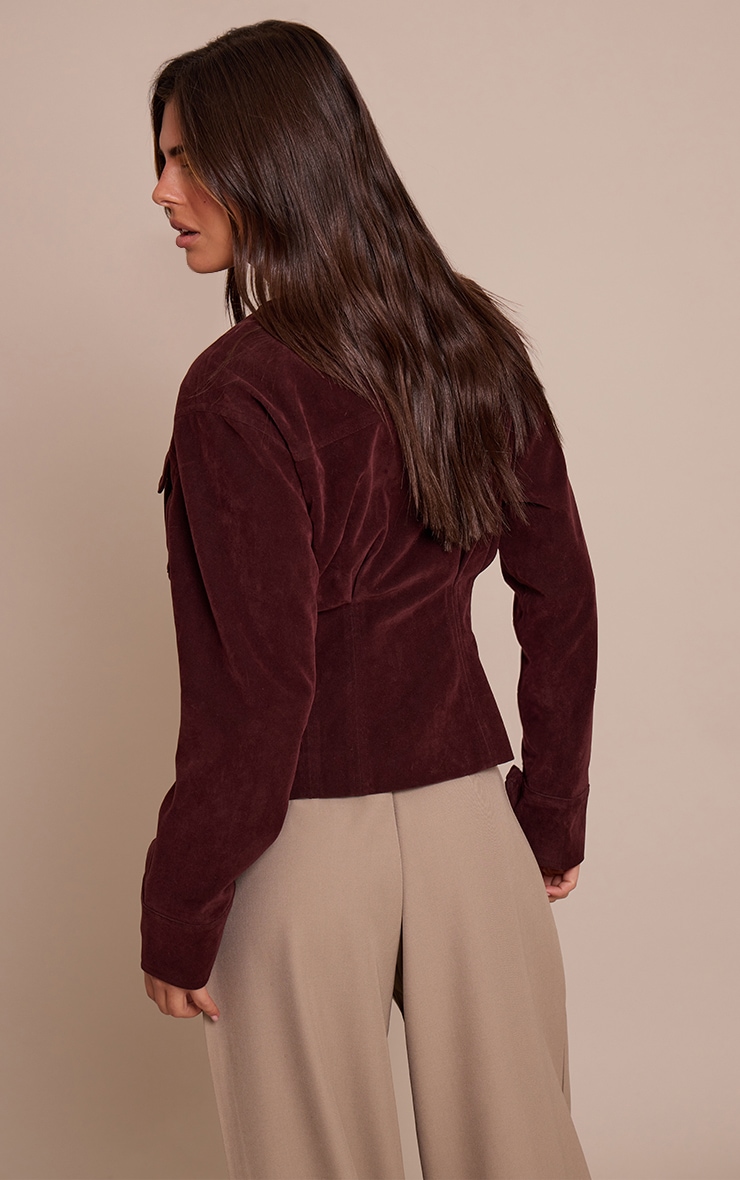 Burgundy Faux Suede Covered Button Cinch Waist Jacket image 2