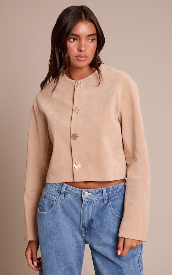 Sand Round Neck Gold Button Suede Jacket