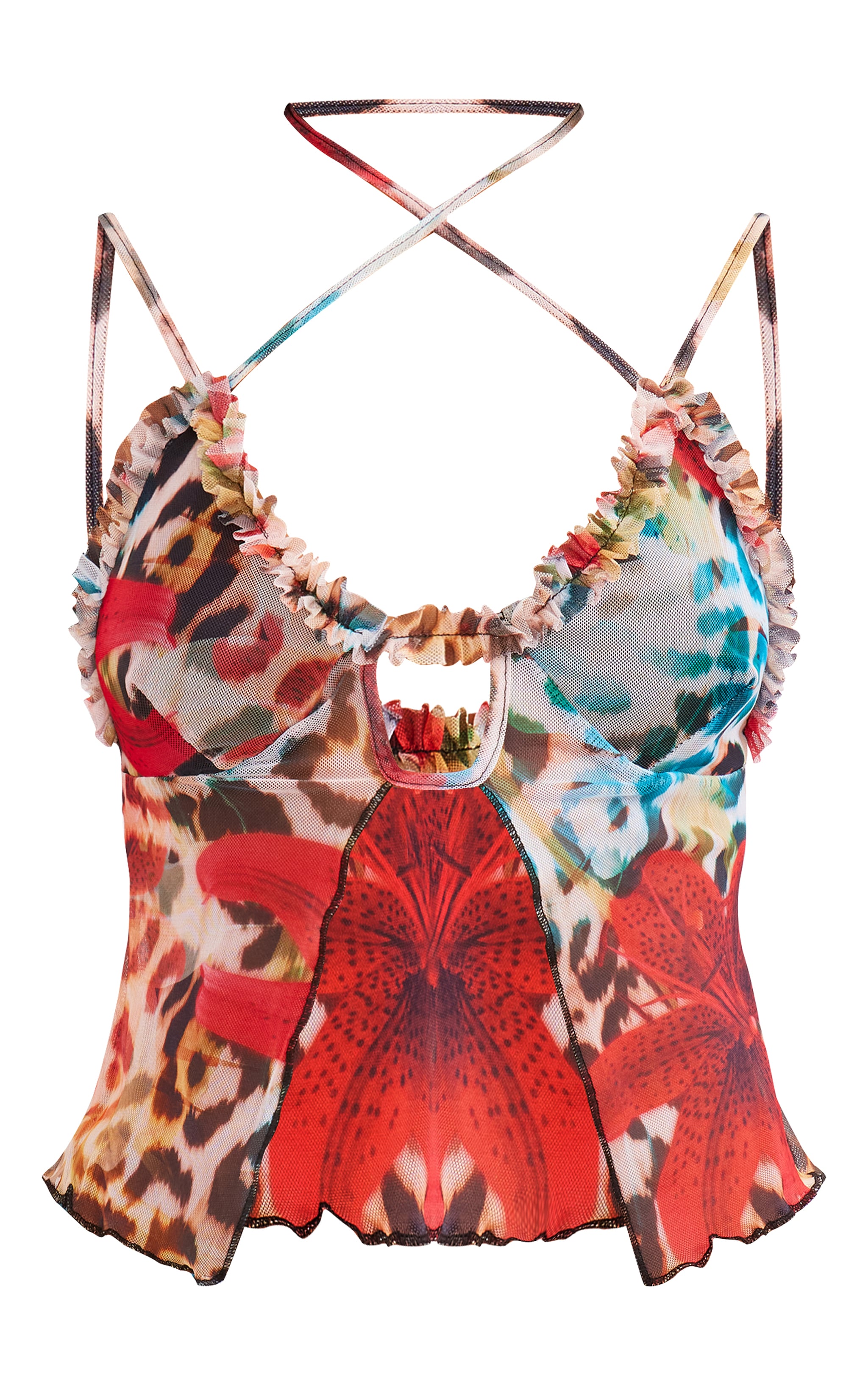 Leopard Floral Print Mesh Ruffle Hem Top image 5