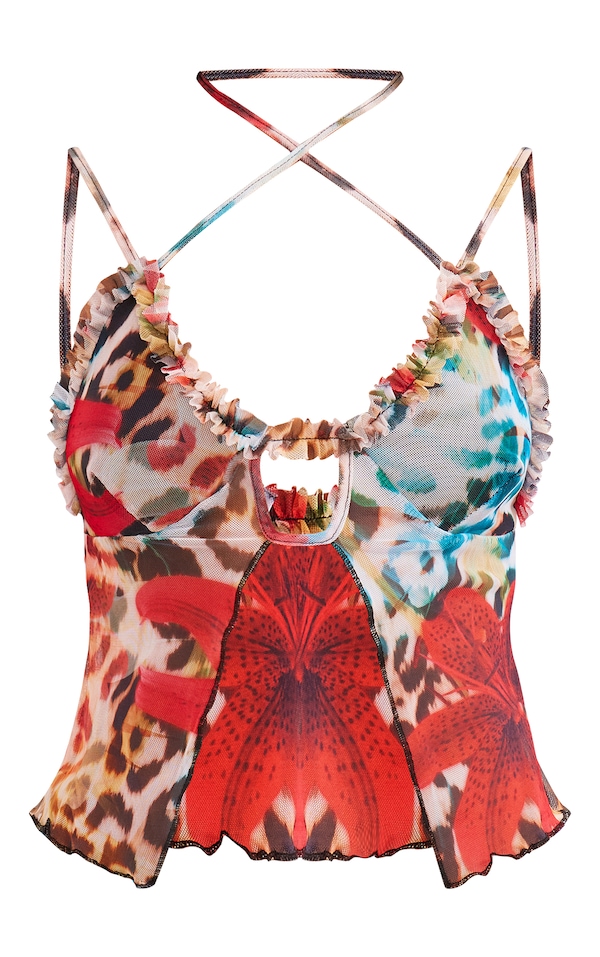 Leopard Floral Print Mesh Ruffle Hem Top