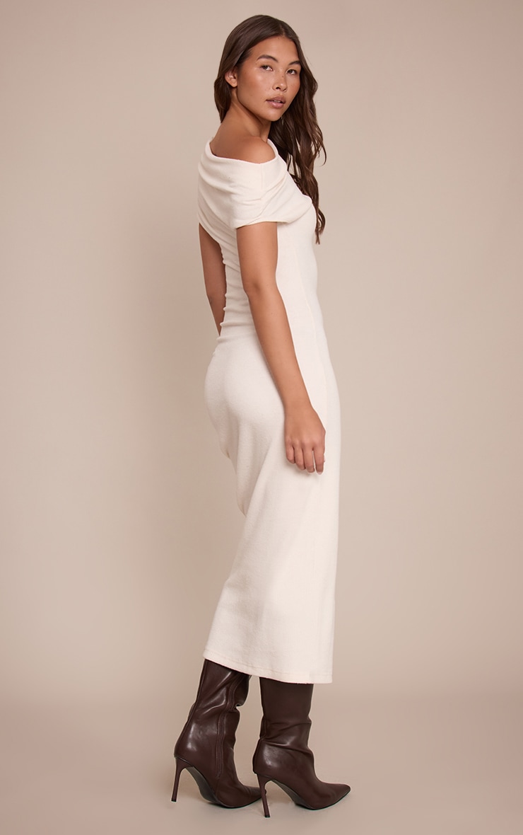 Cream Brushed Rib Asymmetric Ruched Detail Maxi Dress image 2