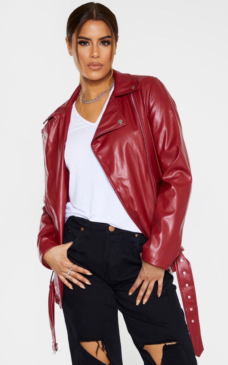 Tall Burgundy Oversized Longline PU Biker Jacket