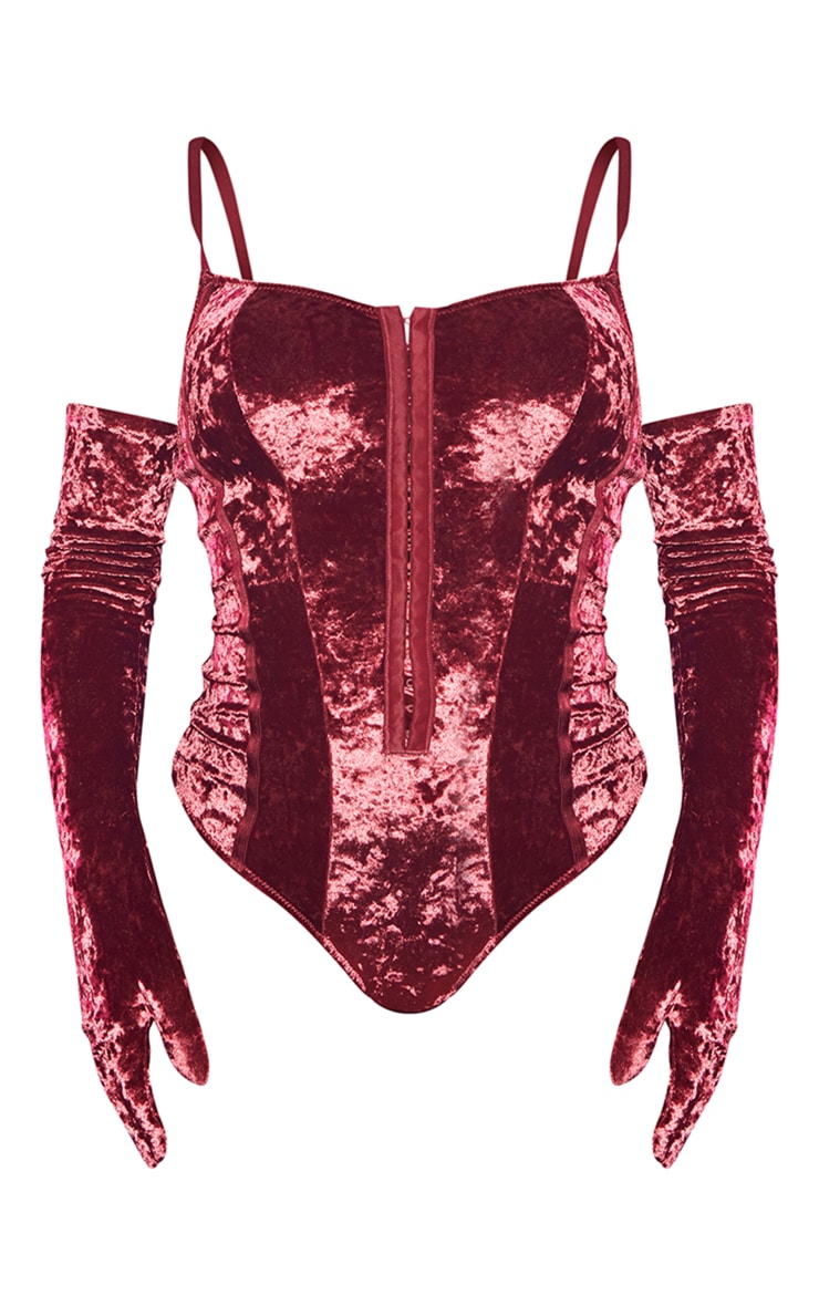 Wine Velvet Hook & Eye Bodysuit & Glove Set image 5