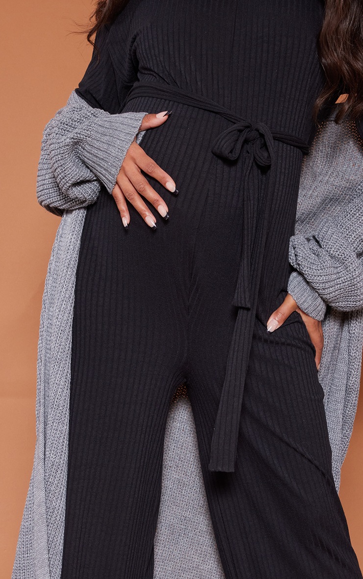 Maternity Black Ribbed Tie Waist Flared Jumpsuit image 4