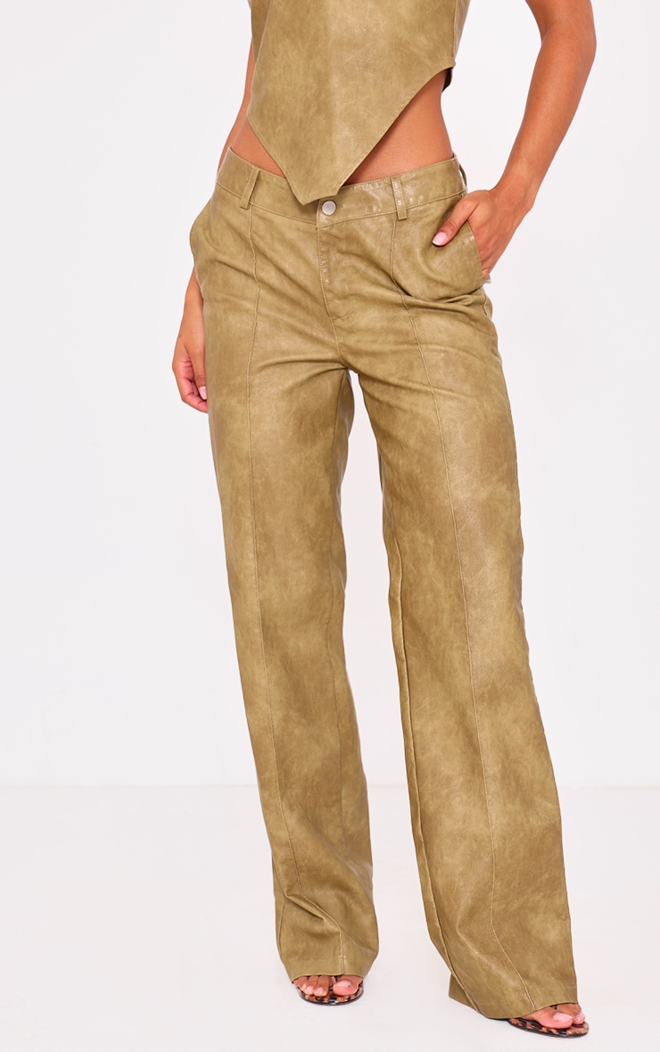 Premium Olive Washed Faux Leather Dip Waist Flared Pants image 2