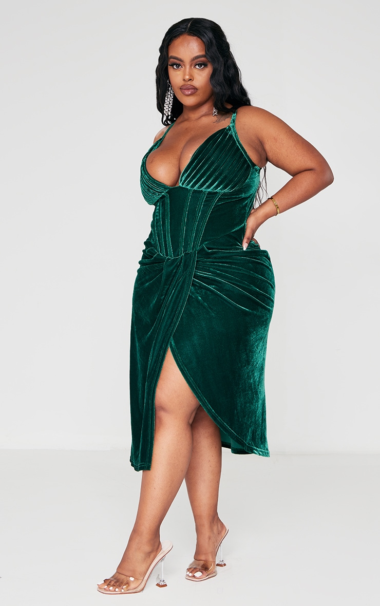 Plus Emerald Green Velvet Plunge Corset Bodycon Dress image 3