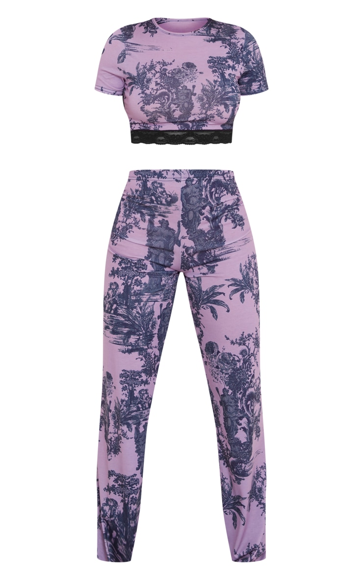  Purple Porcelain Print Jersey Lace Trim Long Pj Set image 5